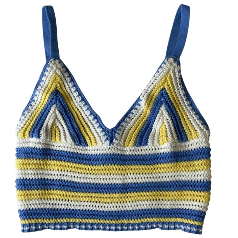 Hollister Blue White Yellow Striped Crochet Crop Top